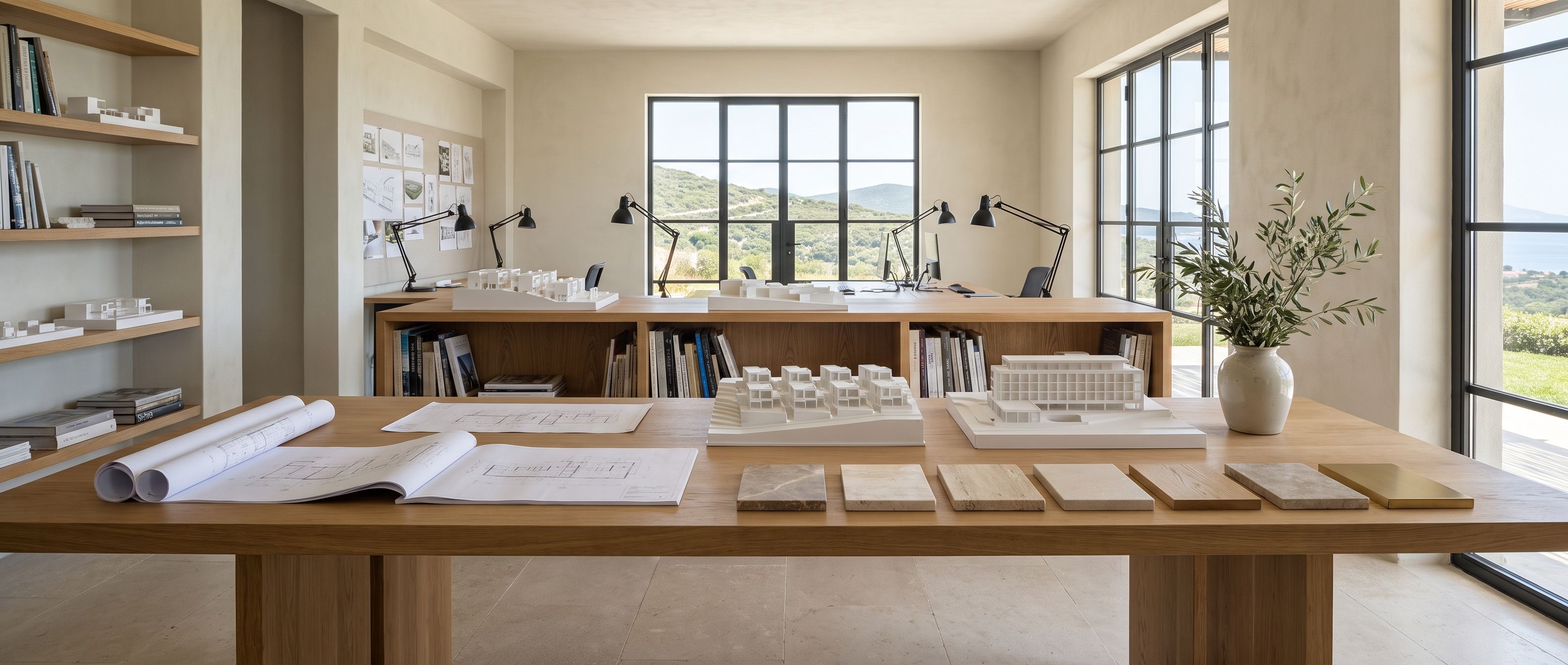 Architekturbüro: Arbeitstisch mit Plänen, Modellen und Materialmustern